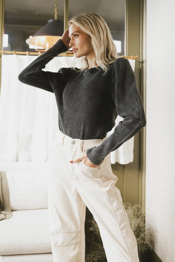 Kelcey Waffle Knit Top in Black - FINAL SALE