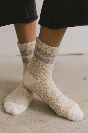 Fuzzy Striped Socks in Beige