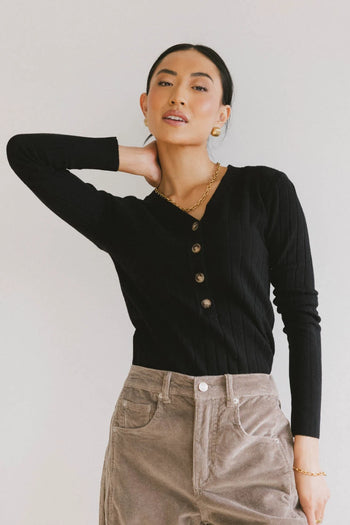 Ribbed Button Front Top in Black - FINAL SALE