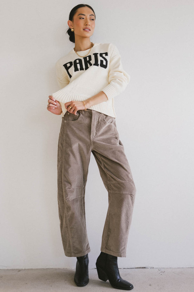 corduroy pants with white paris sweater