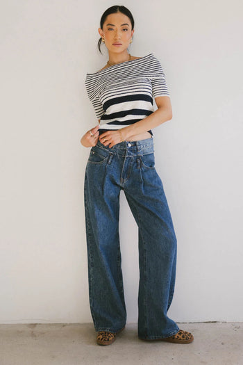 blue and cream striped top