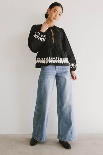 Stariana Embroidered Tie Blouse in Black - FINAL SALE