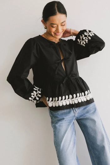 Stariana Embroidered Tie Blouse in Black - FINAL SALE