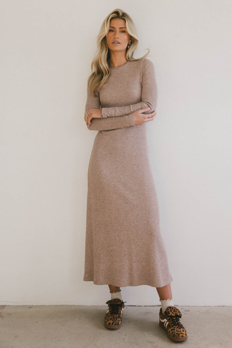 taupe ribbed dress Taupe Ribbed Midi Dress