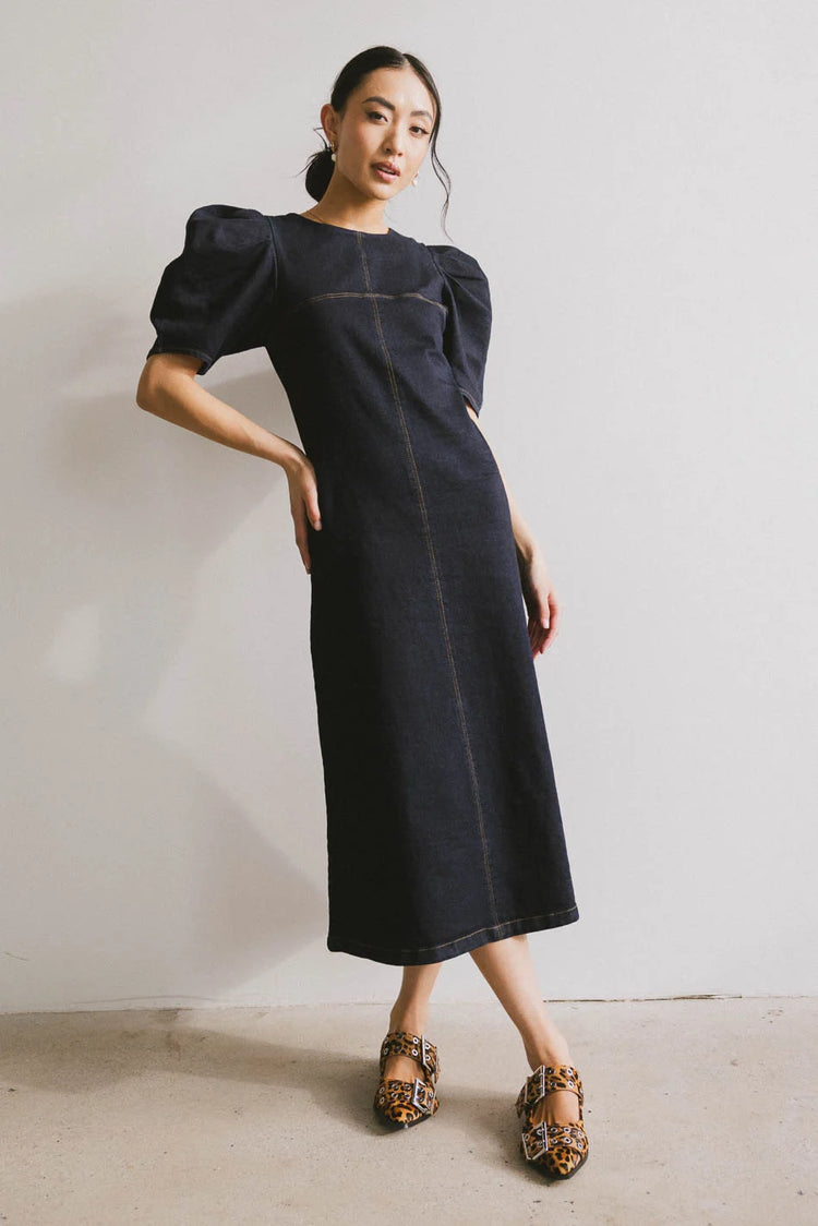 Midi denim dress in dark wash 