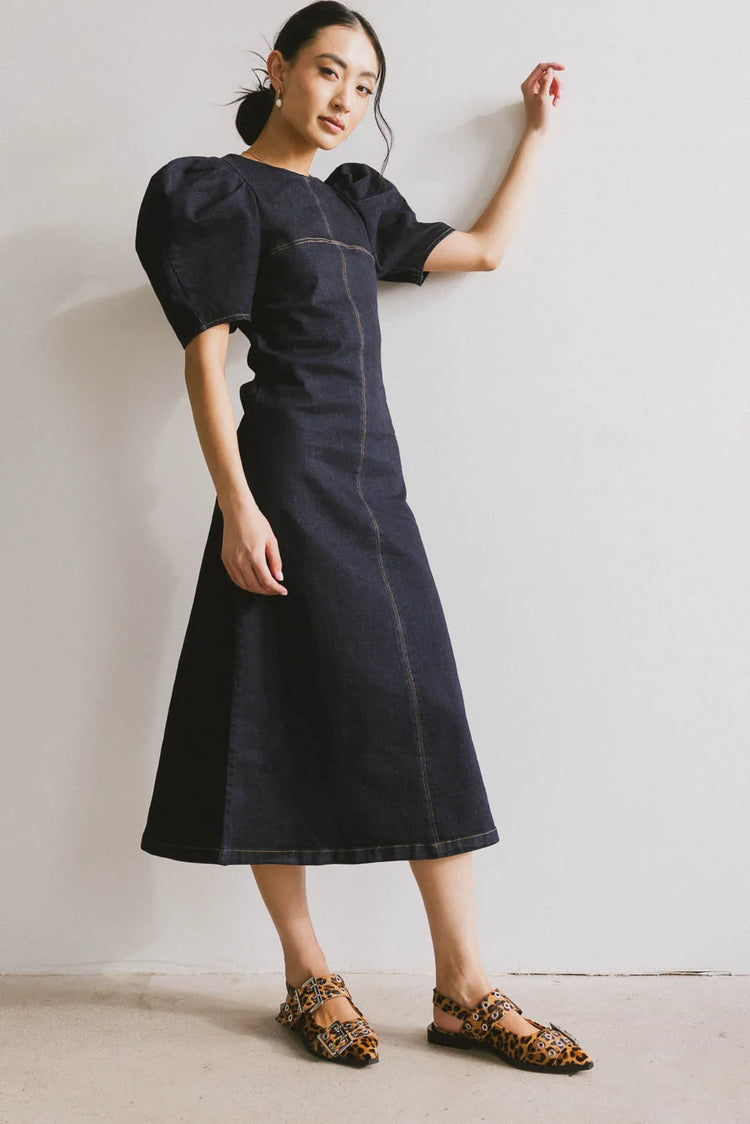 Round neck denim dress in dark wash 