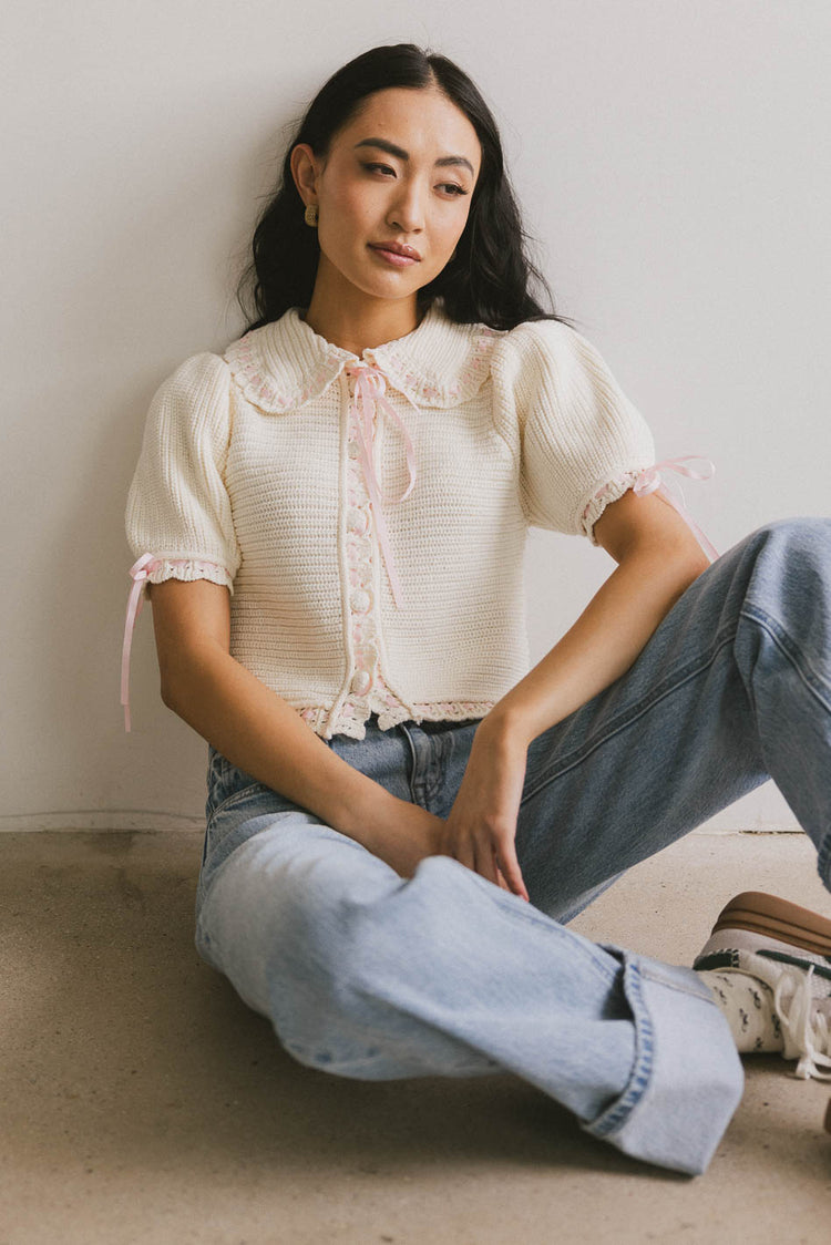 collared pink tie knit top