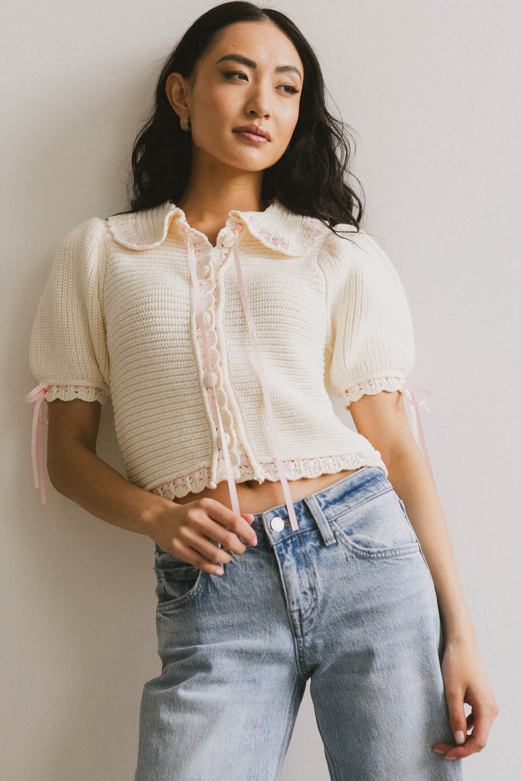 collared button up top with pink lace