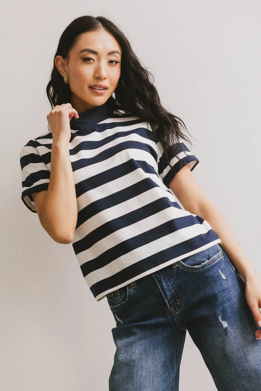 Mock neck style striped top in navy 