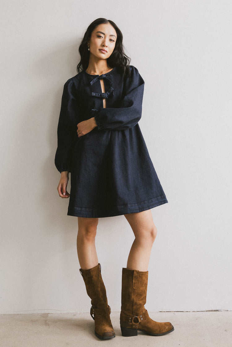 mini dark denim dress with ties