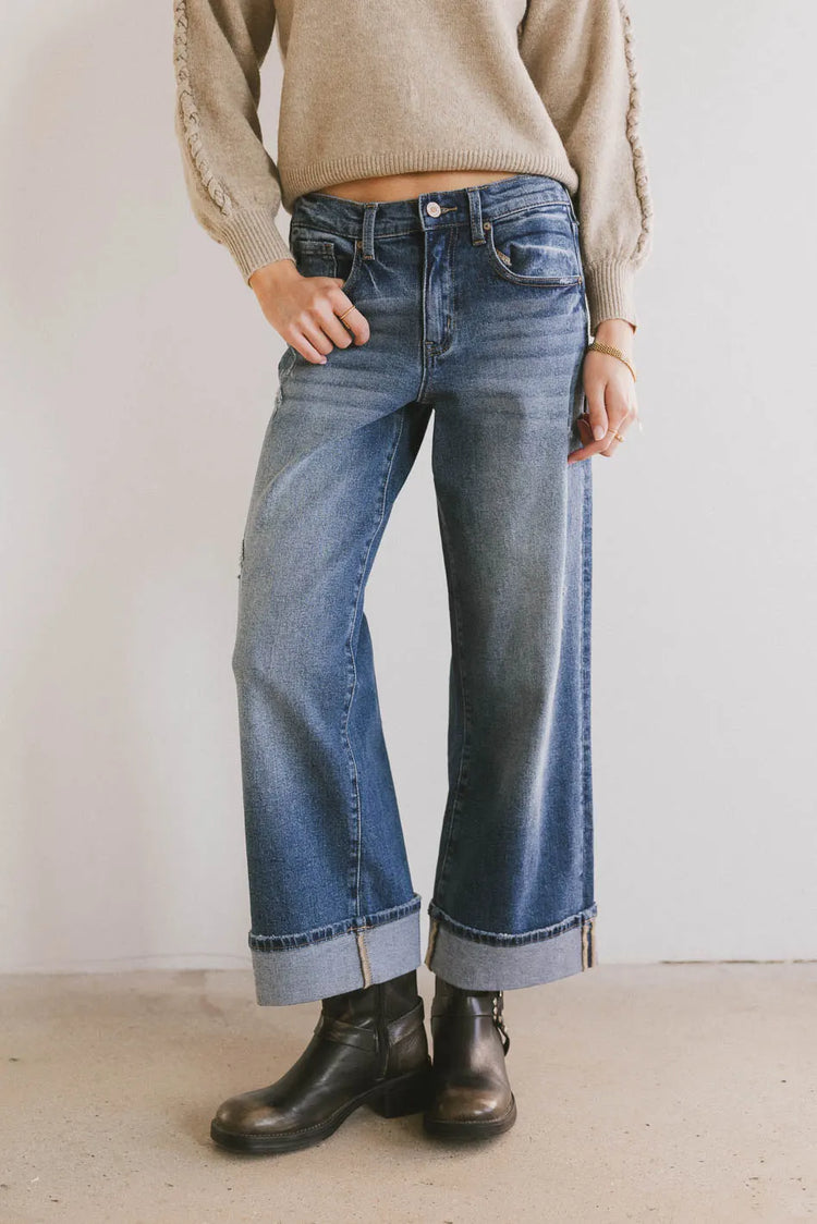 Rolled bottom denim in medium wash 