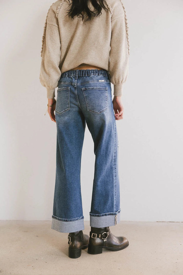 Elastic back waist denim in medium wash 