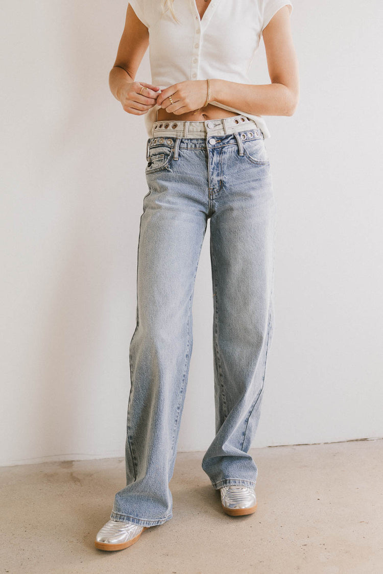 double waisted light wash denim jeans