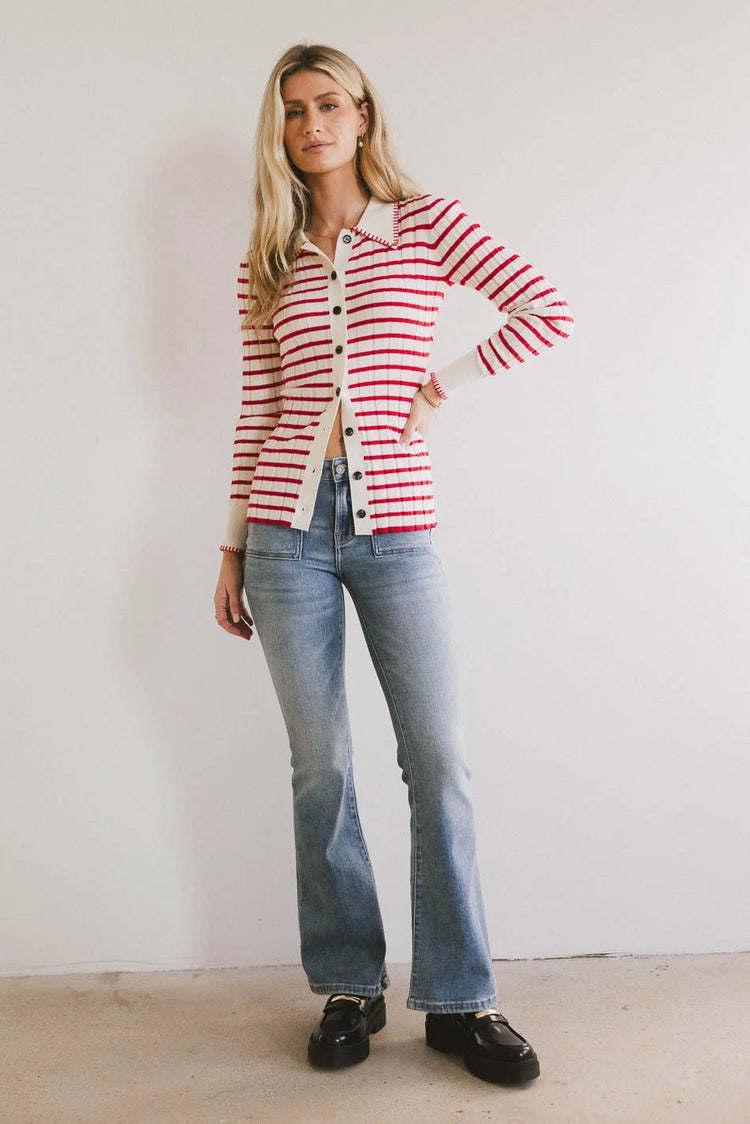 Bootcut denim paired with a striped top