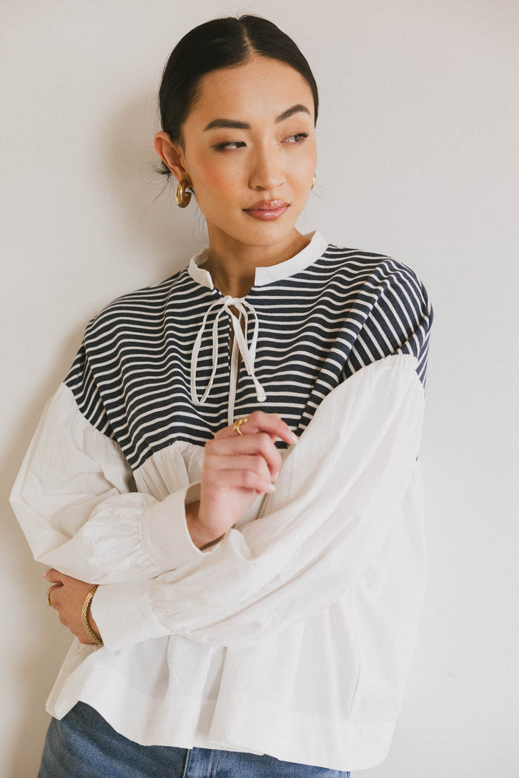 striped woven blouse with front tie
