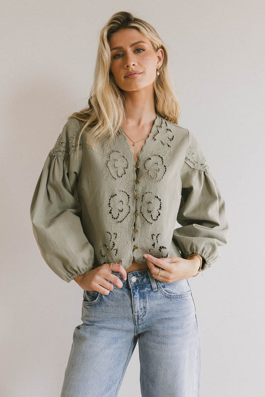 embroidered detail sage blouse