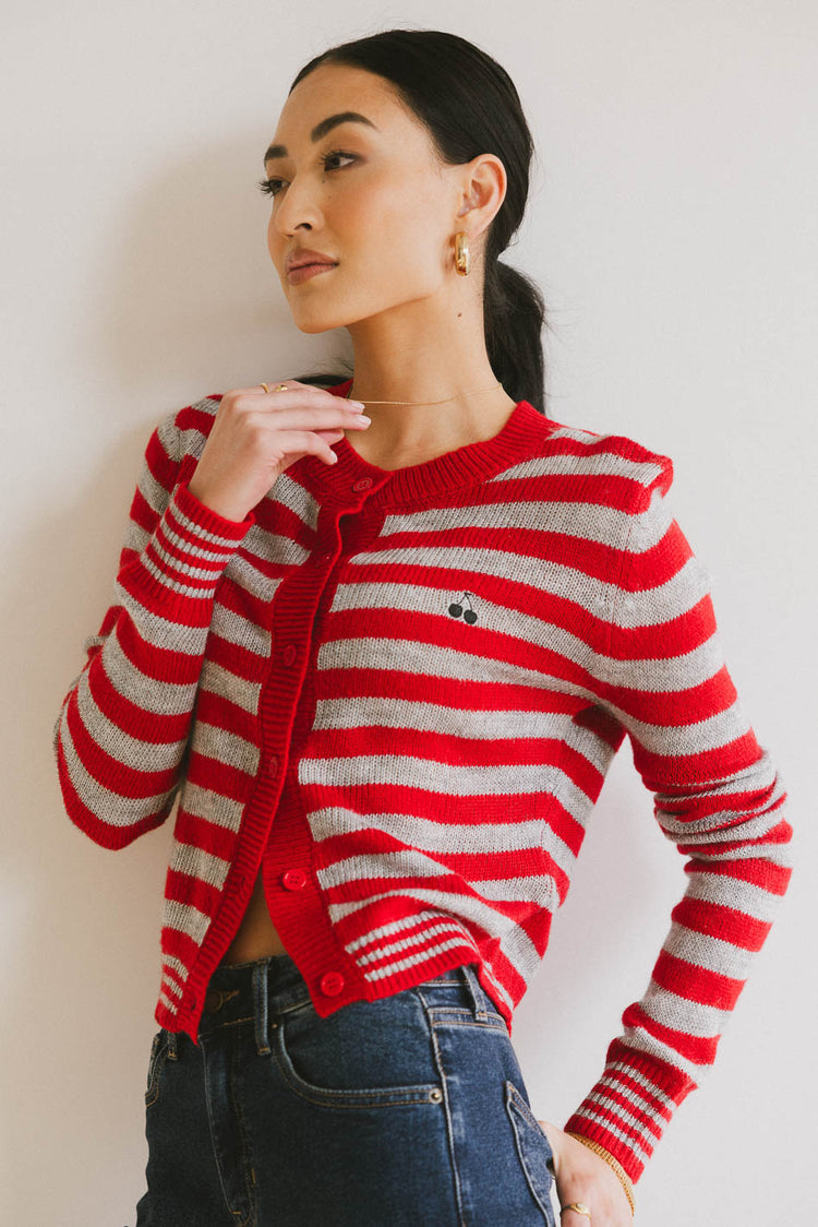 grey and red striped cherry cardigan