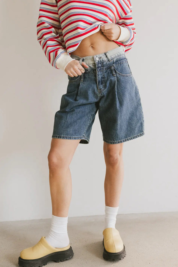 High rise denim shorts in medium wash 