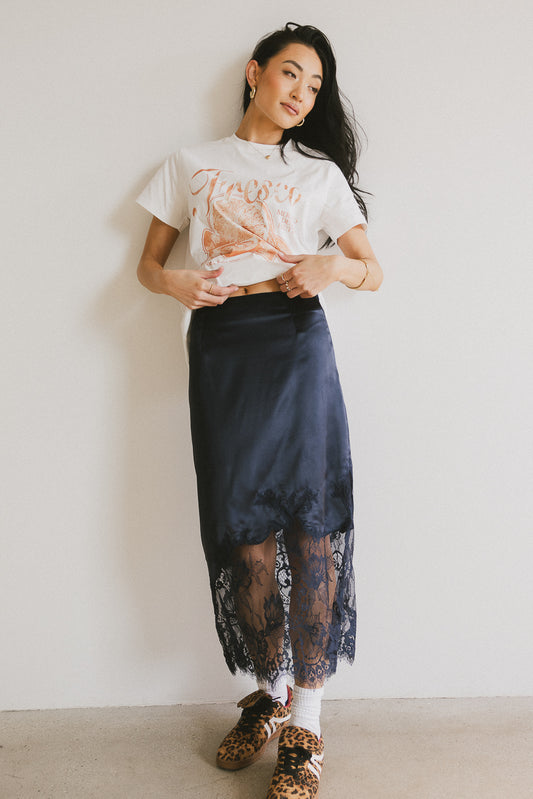 graphic fruit tee with lace navy skirt