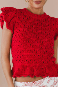 Round  neck sweater top in red 