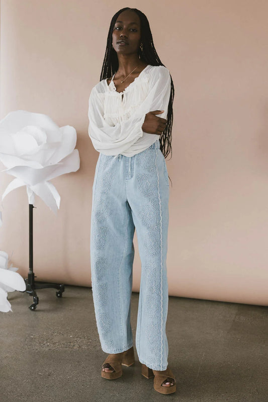 Embroidered denim pants in light wash 