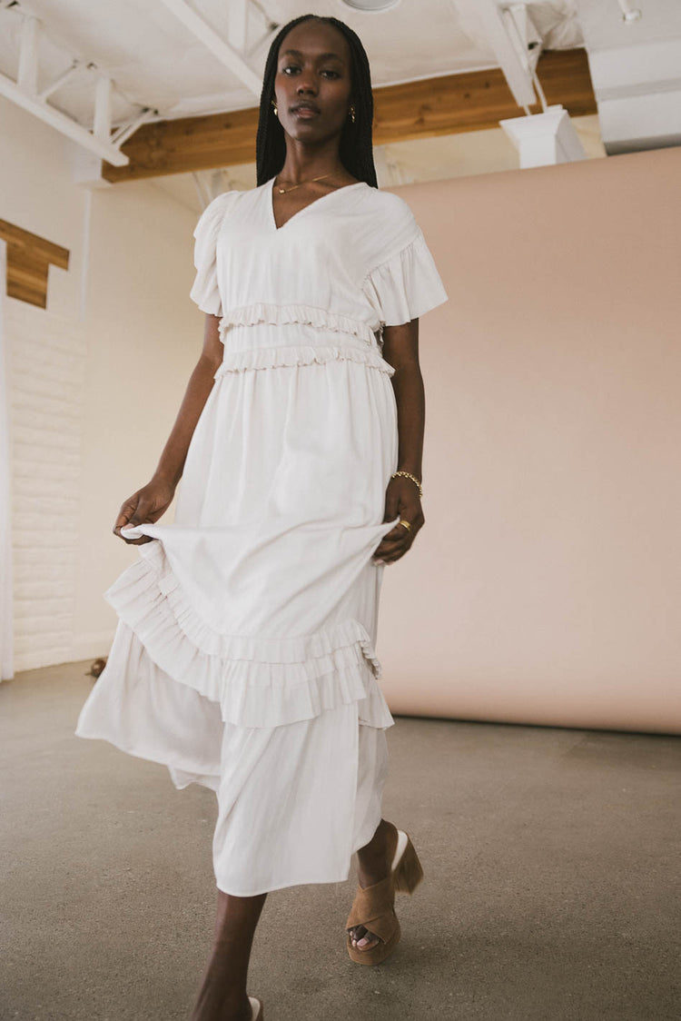 short sleeve ivory dress with ruffles