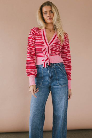 long sleeve striped cardigan sweater in pink