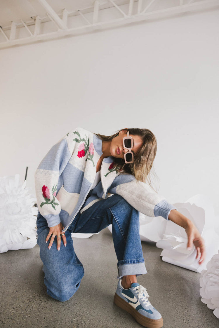 blue floral cardigan