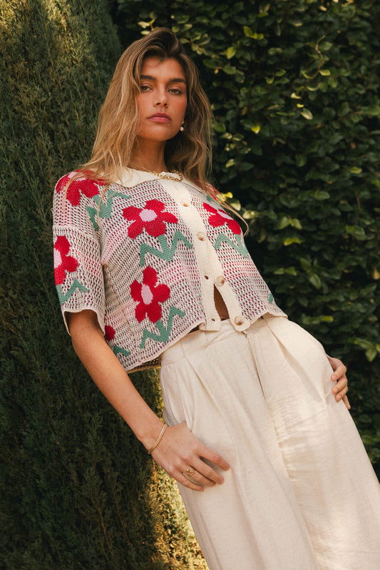 Cream top with red flowers 