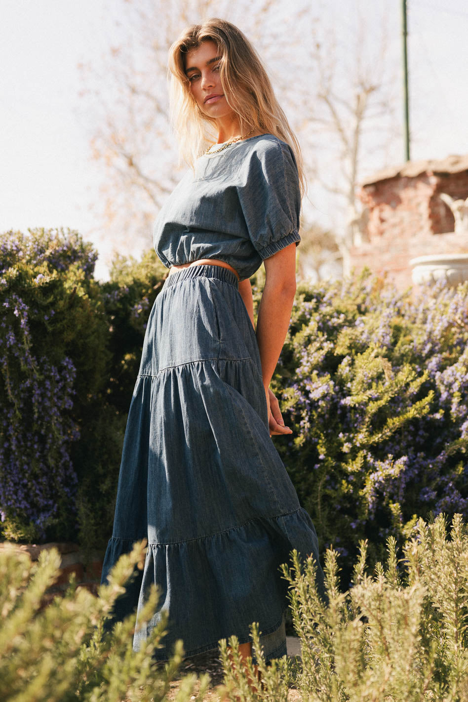 denim maxi dresses and skirts Skyline Chic Smocked Denim Maxi Dress