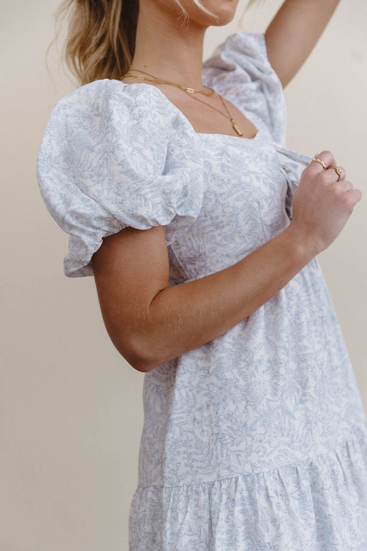 blue floral dress with puff sleeves