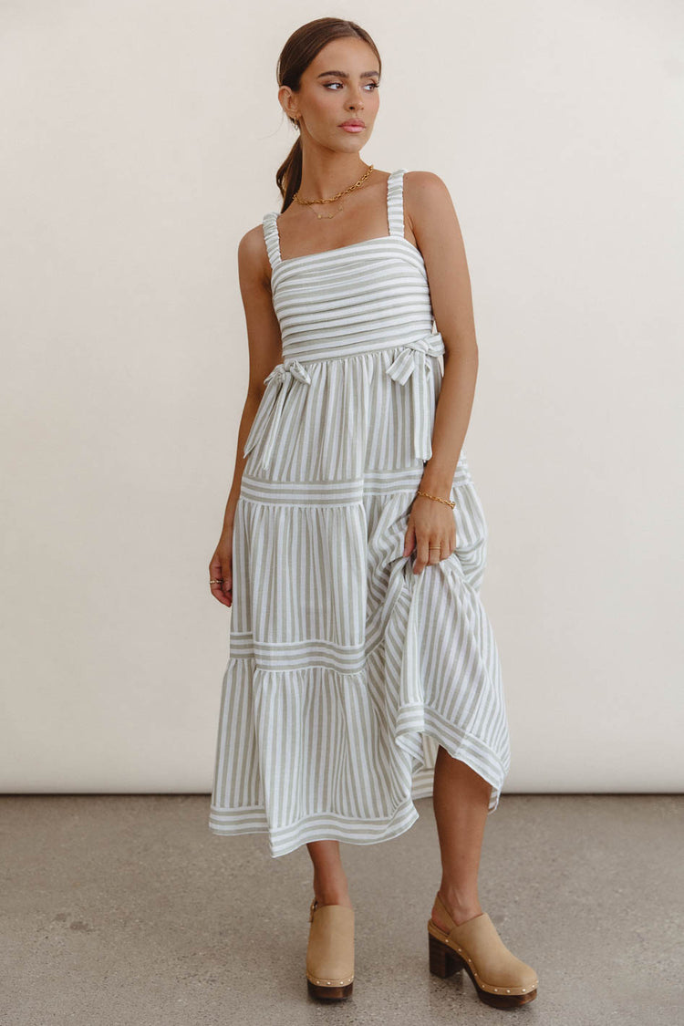 Woven striped dress in sage 