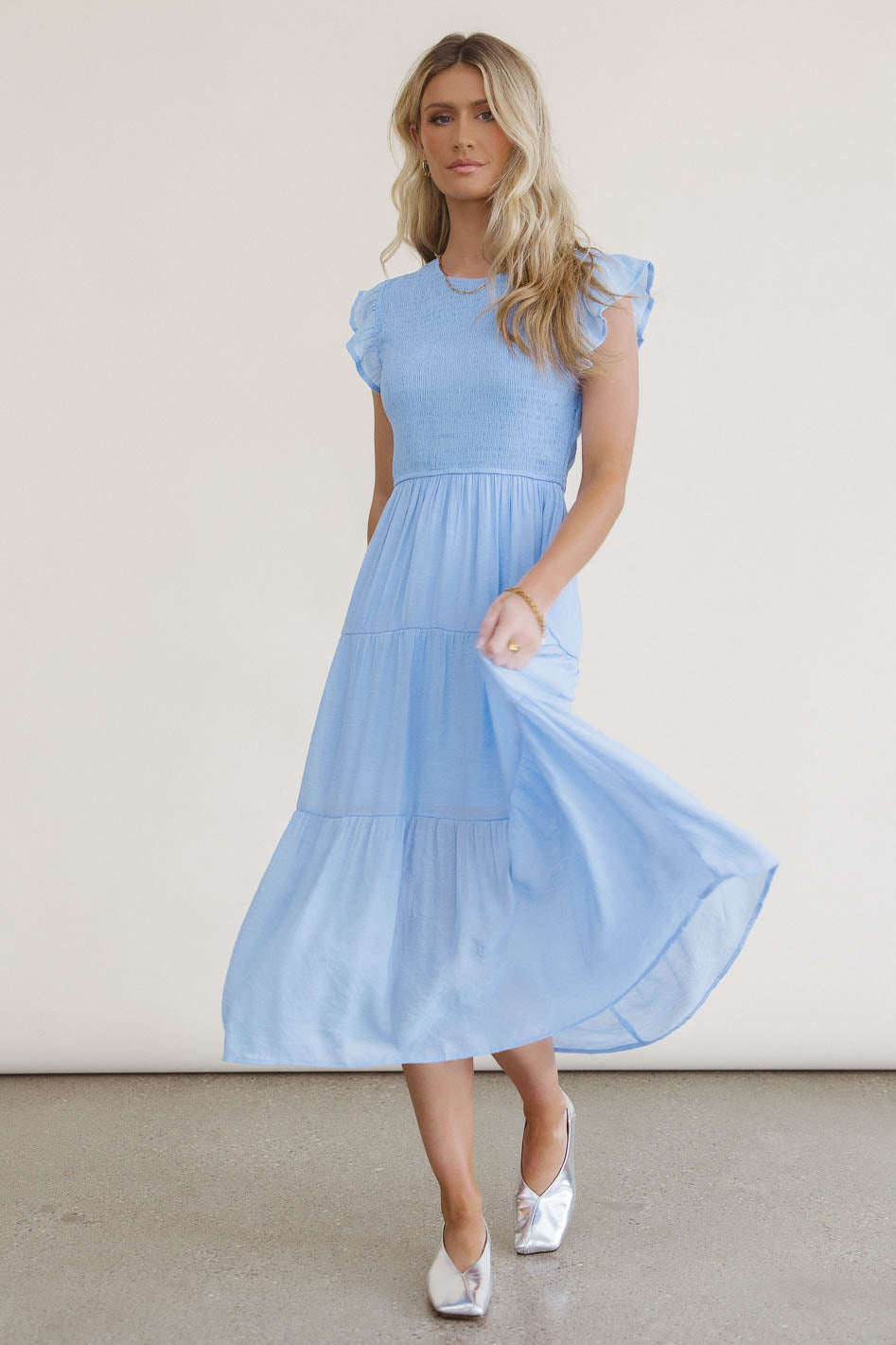 Cara Smocked Midi Dress in Blue - FINAL SALE Cara Smocked Midi Dress in Blue - FINAL SALE
