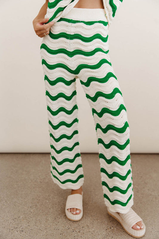 Elastic waist striped pants in green 