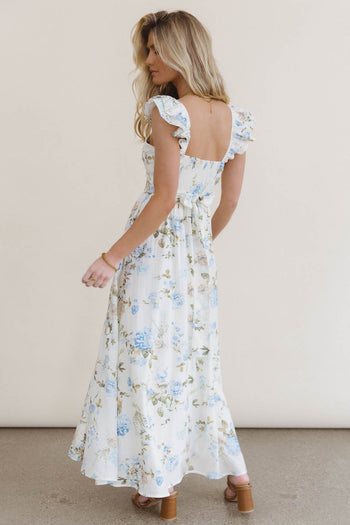 smocked back on floral midi dress