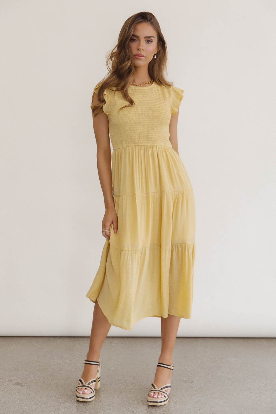 Cara Smocked Midi Dress in Yellow - FINAL SALE Cara Smocked Midi Dress in Yellow - FINAL SALE