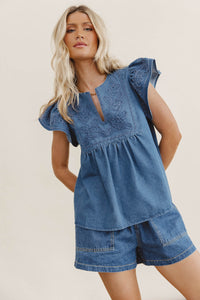 denim top with flutter sleeves