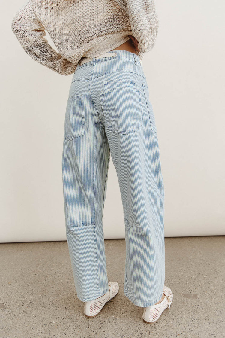 light wash striped denim barrel jeans