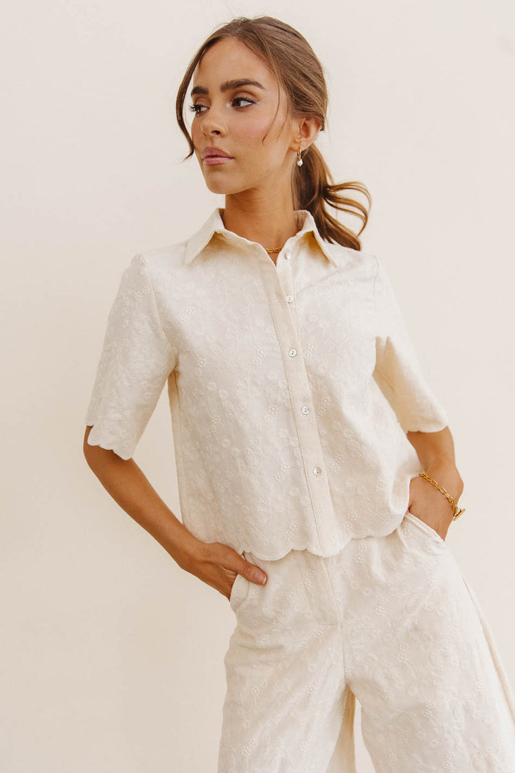 Button up embroidered top in cream 