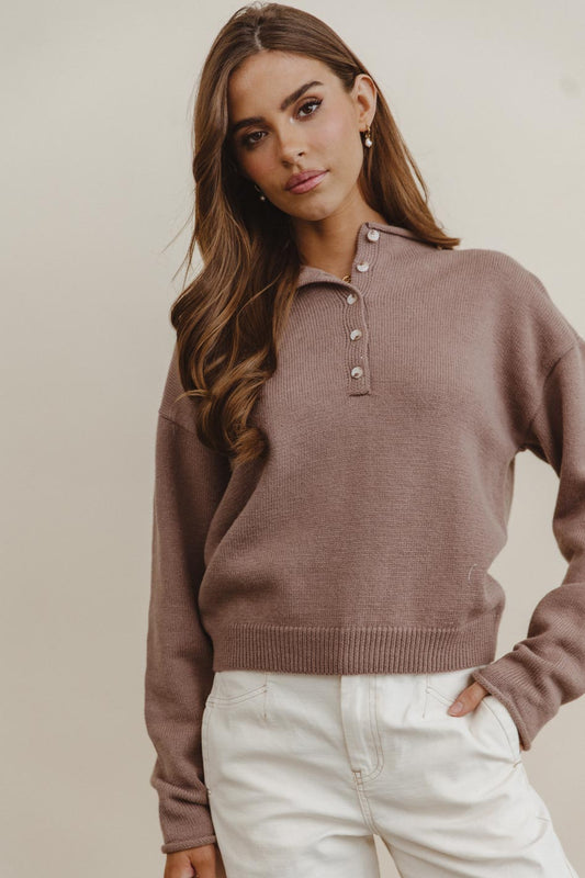 Meli Button Front Knit Sweater in Taupe