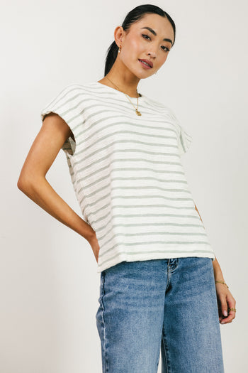sage and white striped top