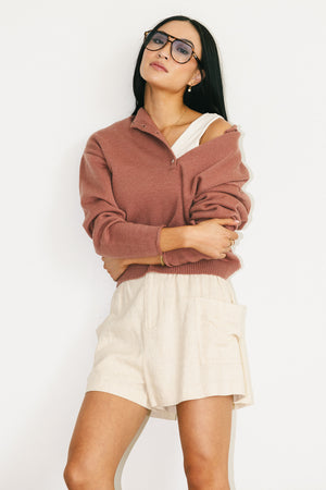 Meli Button Front Knit Sweater in Taupe