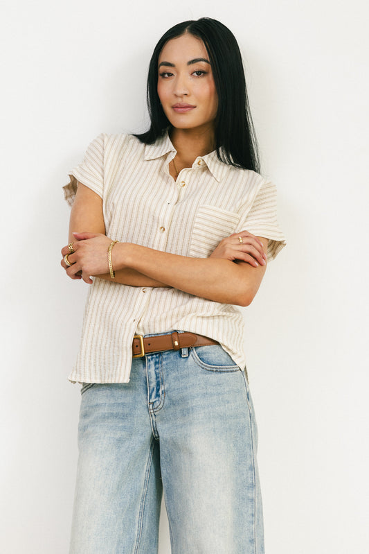 tan and cream striped shirt
