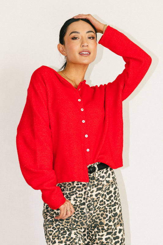 red button front cardigan