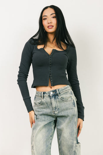 Abigail Waffle Knit Top in Charcoal - FINAL SALE