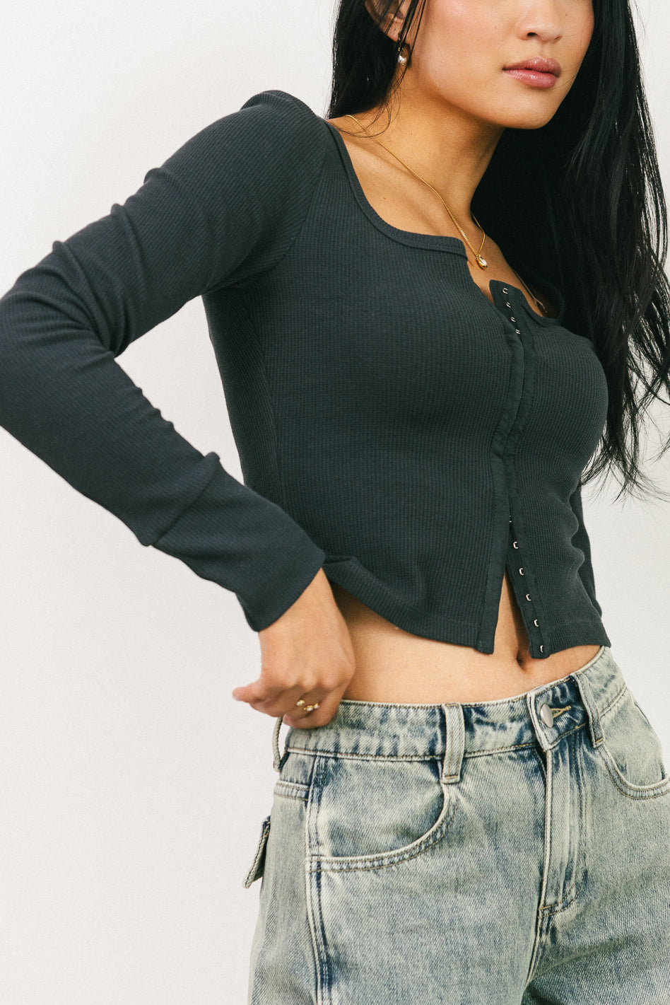 Abigail Waffle Knit Top in Charcoal - FINAL SALE