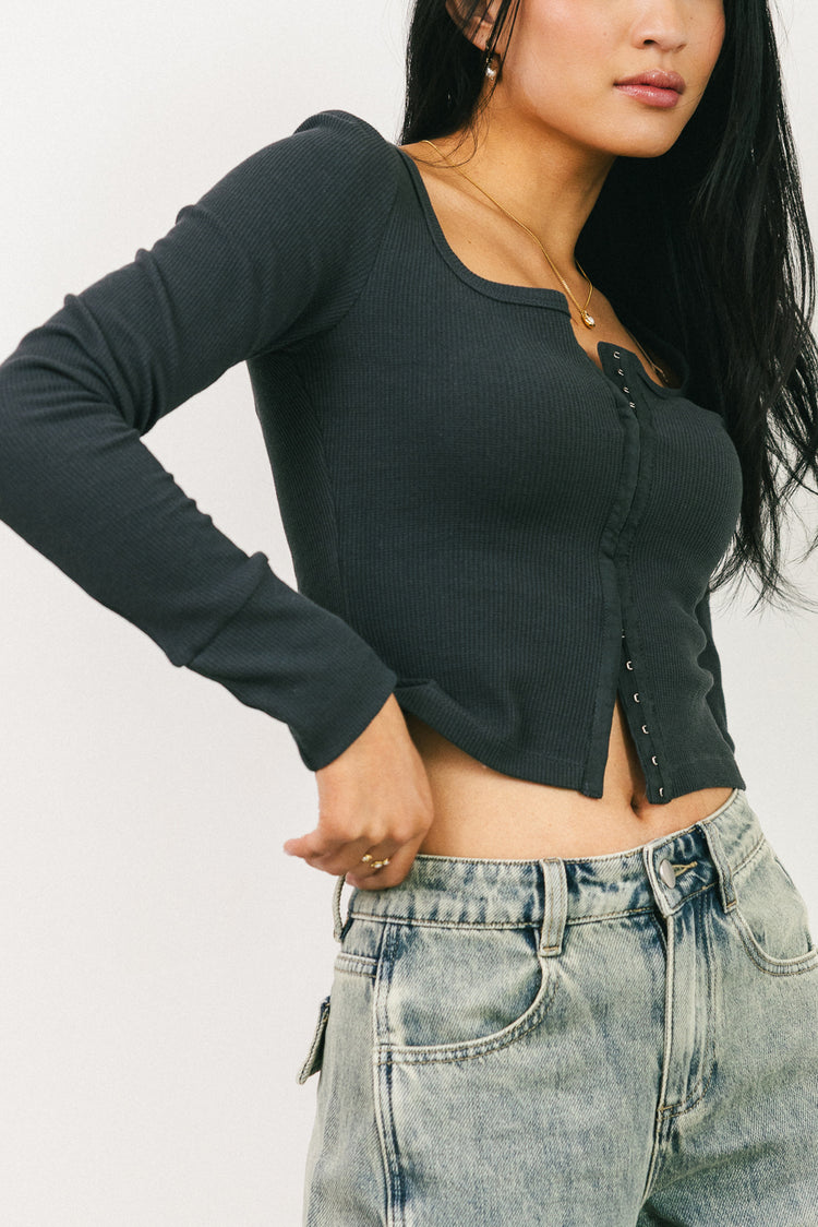 Abigail Waffle Knit Top in Charcoal