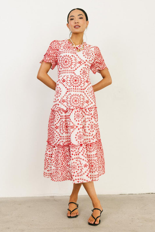 eyelet midi dress in red