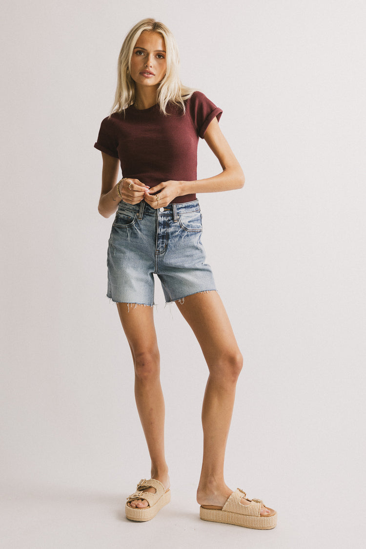 medium wash denim shorts