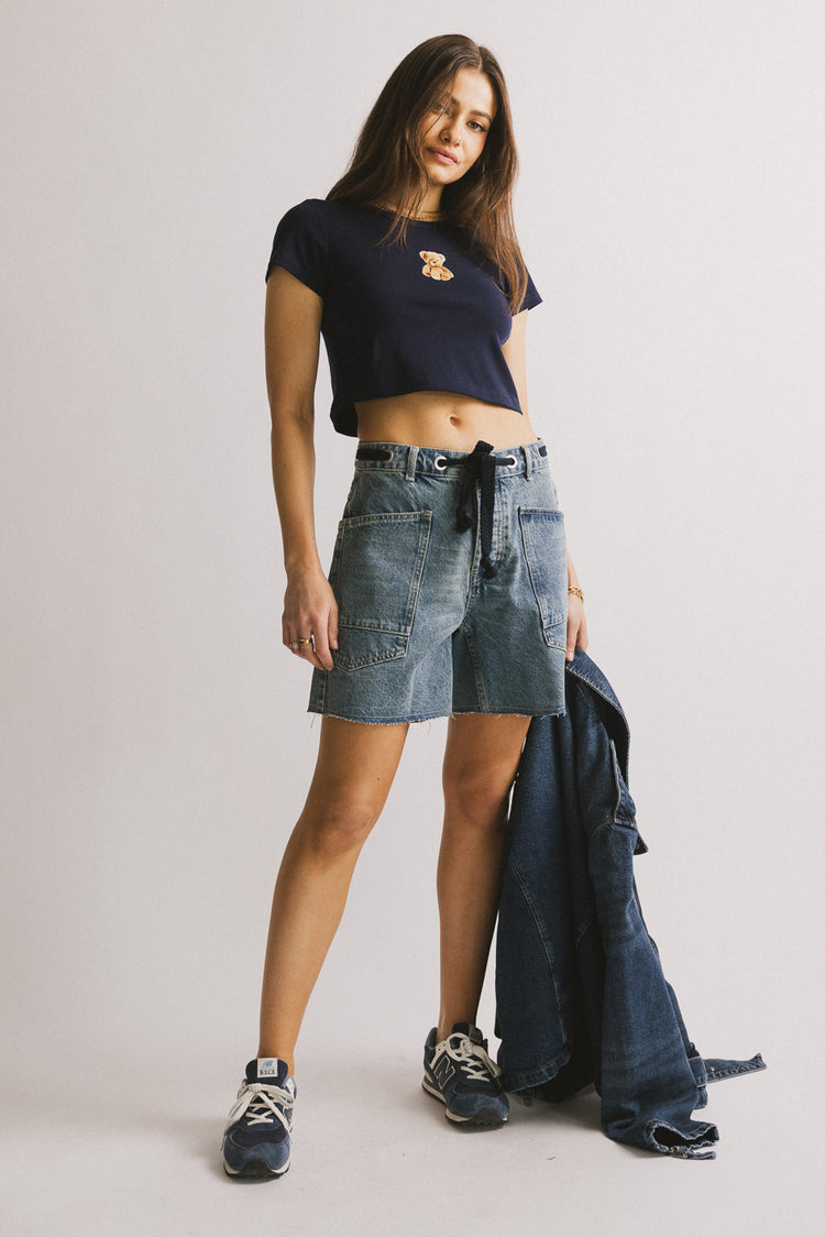 long medium wash denim shorts